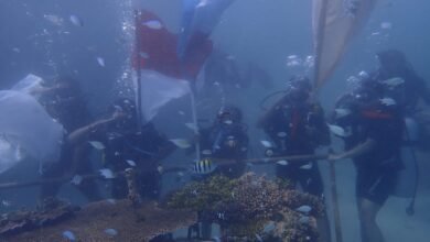 Pengibaran bendera Merah Putih oleh Sispala Satu Atap Satu Tanah dalam rangka HUT RI ke-79 dengan cara diving di Tanjung Benoa, Kuta Selatan, Badung, Bali