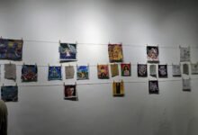 Lukisan dari kertas daur ulang dalam acara Pameran Seni Rupa Suar Samsara "Rewrite The Lore" oleh Jongsarad dan Bhuana Alit di TAT Art Space, Denpasar, Sabtu (14/9/2024)