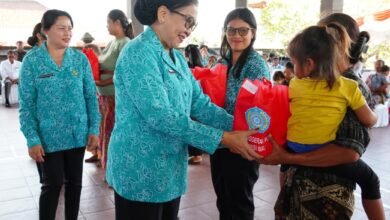 Ketua TP PKK Provinsi Bali, Ibu Putri Suastini Koster, saat menyalurkan berbagai bantuan sosial dalam kegiatan Aksi Sosial TP PKK Menyapa dan Berbagi di Wantilan Balai Banjar Buluh, Desa Wisma Kerta, Kecamatan Sidemen, Rabu (8/10/2025). (dok.istimewa)