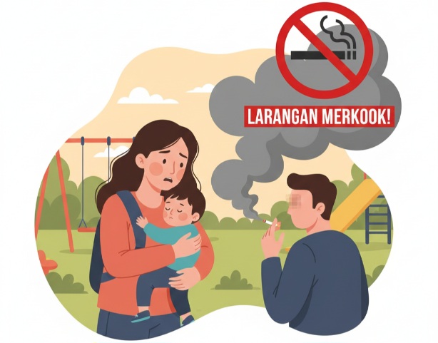 Ilustrasi anak dan ibu yang terpapar asap rokok. (dok.AI)