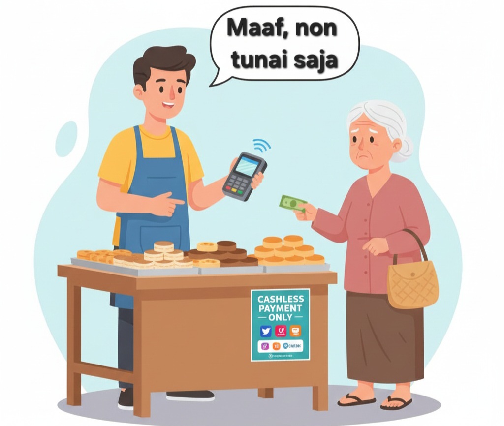 Ilustrasi orang yang berjualan dan menolak pembayaran tunai. (dok.AI)