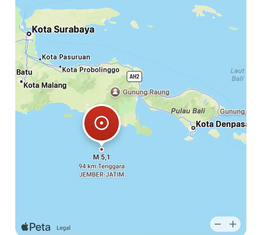 Gempa berkekuatan Magnitudo (M) 5,1 yang terjadi di wilayah laut tenggara Jember, Jawa Timur. (dok: website BMKG)