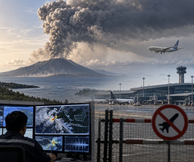 Ilustrasi erupsi Gunung Anak Krakatau. (dok: AI)